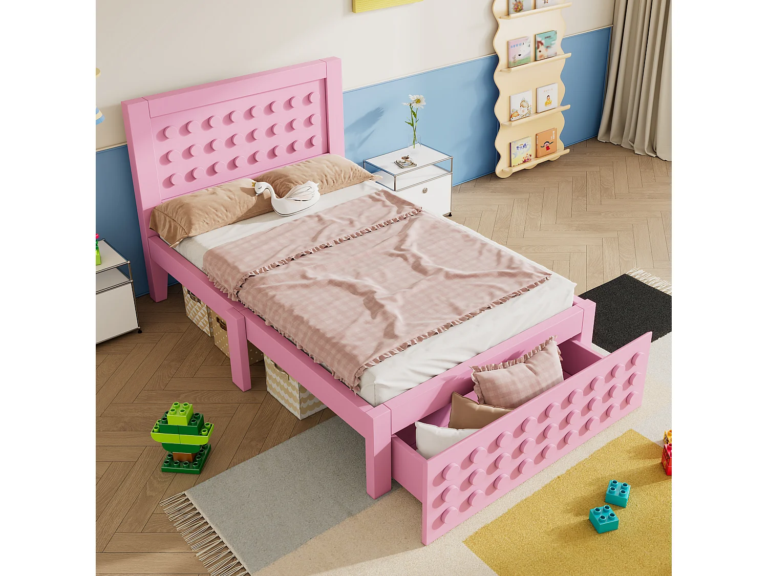 Eenpersoonsbed 90x190 cm – Kinderbed Met Blokpaneel-Design En Schuiflade – 26 cm Onderbedopslag, Afgeschuinde Randen – Hout – Roze – Zonder matras