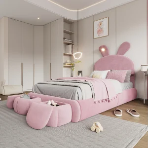 Eenpersoonsbed 90×200 – Kinderbed Met Opbergruimte En Zachte Beschermranden – Fluweel – Roze