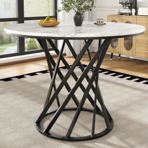 Eettafel – Verstelbare Metalen Poten – MDF Tafelblad Met Marmerlook – Veelzijdig Design – 80 x 80 x 76 cm MDF + Metaal – Zwart