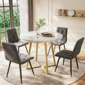 Eettafels 80x80x75cm – Eettafel Rond met Klassiek Marmerpatroon – Modern Design Onderstel – Metaal – Goudkleurig Eettafels 80x80x75cm – Eettafel Rond met Klassiek Marmerpatroon – Modern Design Onderstel – Metaal – Goudkleurig