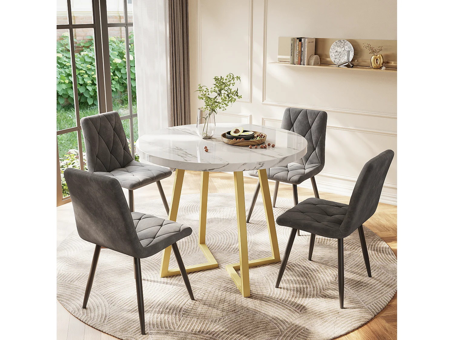 Eettafels 80x80x75cm - Eettafel Rond met Klassiek Marmerpatroon - Modern Design Onderstel - Metaal - Goudkleurig