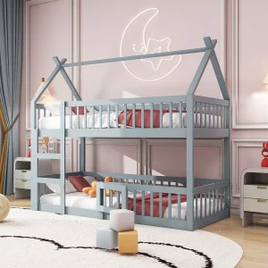 Eenpersoonsbedden 90×200 cm – Innovatief Kinderbed Met Trappe En Veiligheidshek – Hout – Grijs Eenpersoonsbedden 90×200 cm – Innovatief Kinderbed Met Trappe En Veiligheidshek – Hout – Grijs