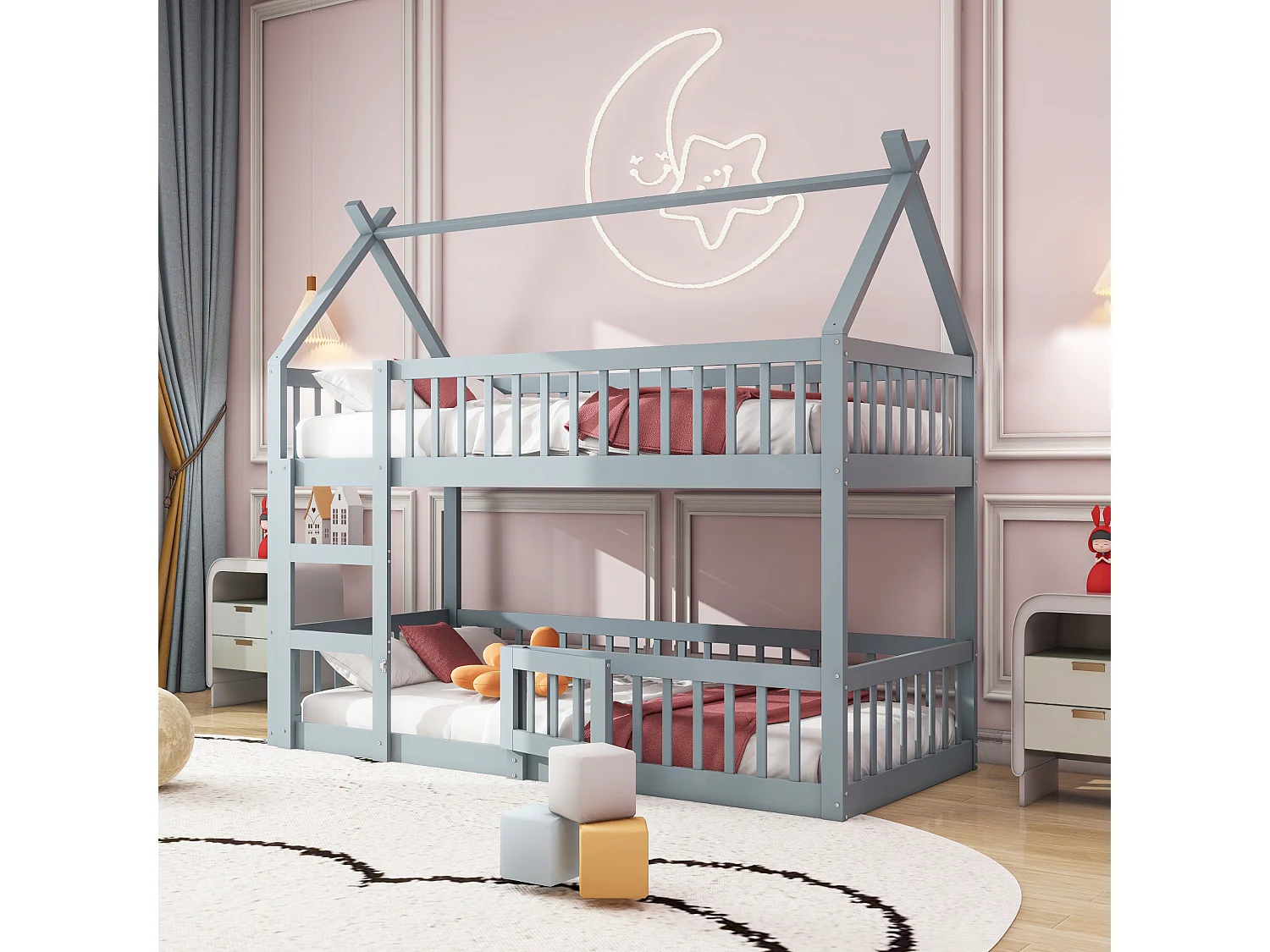 Eenpersoonsbedden 90x200 cm - Innovatief Kinderbed Met Trappe En Veiligheidshek - Hout - Grijs