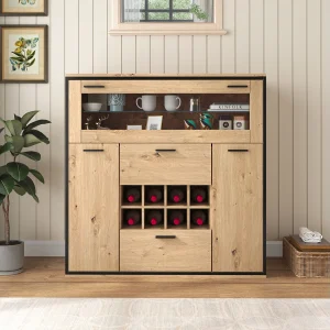 Dressoir – Wijnkast Met Wijnrekken En Ledverlichting – Voor Woonkamer Of Eetkamer – Spaanplaat Natural – 110x38x111 cm