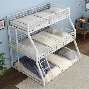 Driehoog Stapelbed 90×200 cm – Ruimtebesparend – Wisselbare Ladder en Hoge Beschermingsreling – Stevig Stalen Frame – Zonder matras – Wit Driehoog Stapelbed 90×200 cm – Ruimtebesparend – Wisselbare Ladder en Hoge Beschermingsreling – Stevig Stalen Frame – Zonder matras – Wit