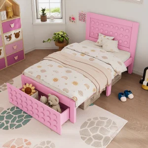 Eenpersoonsbed 90×200 cm Kinderbed – Met Creatief Blokdesign – Lade Op Wieltjes & 26 cm Opbergruimte – Hout – Roze – Zonder matras