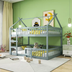 Eenpersoonsbedden 140×200 cm – Kinderbed Met Trappe En Openslaande Deur – Hout – Grijs Eenpersoonsbedden 140×200 cm – Kinderbed Met Trappe En Openslaande Deur – Hout – Grijs