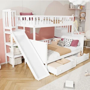 Etagebed 90×200/140×200 cm – Veiligheidsglijbaan & Veiligheidsladder – Lattenbodem en 2 Laden – Kinderkamer – Massief Hout – Wit Zonder matras