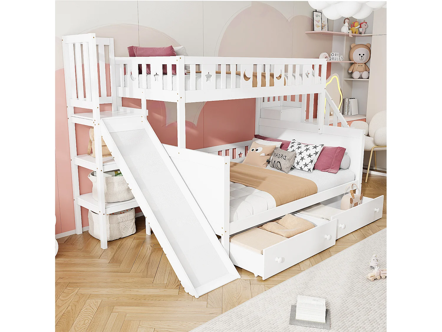 Etagebed 90x200/140x200 cm - Veiligheidsglijbaan & Veiligheidsladder - Lattenbodem en 2 Laden - Kinderkamer - Massief Hout - Wit Zonder matras