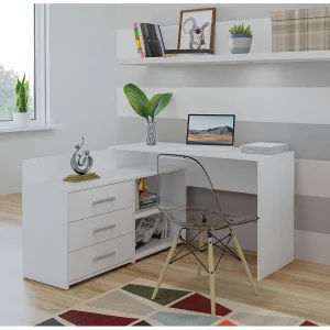 Functioneel hoekbureau DANY mat wit met 3 laden, 120x50x76 cm, praktische opbergruimte en modern design Functioneel hoekbureau DANY mat wit met 3 laden, 120x50x76 cm, praktische opbergruimte en modern design