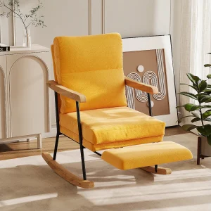 Gele fluwelen schommelstoel met voetensteun, massief houten poten en ergonomisch kussen voor woonkamer en slaapkamer Gele fluwelen schommelstoel met voetensteun, massief houten poten en ergonomisch kussen voor woonkamer en slaapkamer