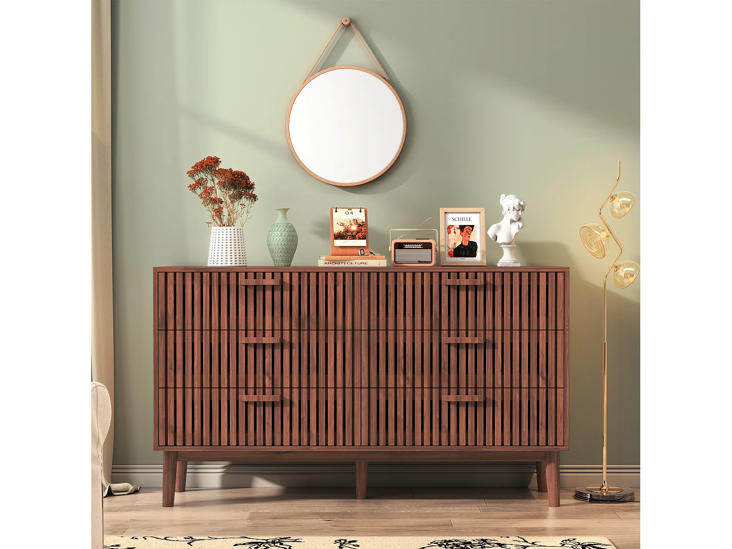 Elegante 6-Laden Bijzettafel met Verticaal Gestreept Ontwerp - Massief Houten Ladenkast voor Slaapkamer Woonkamer Hal