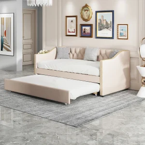 Elegante Linnen Gestoffeerde Bedladebed – 90×200 cm – Beige – Stevig Frame – Modern Ontwerp