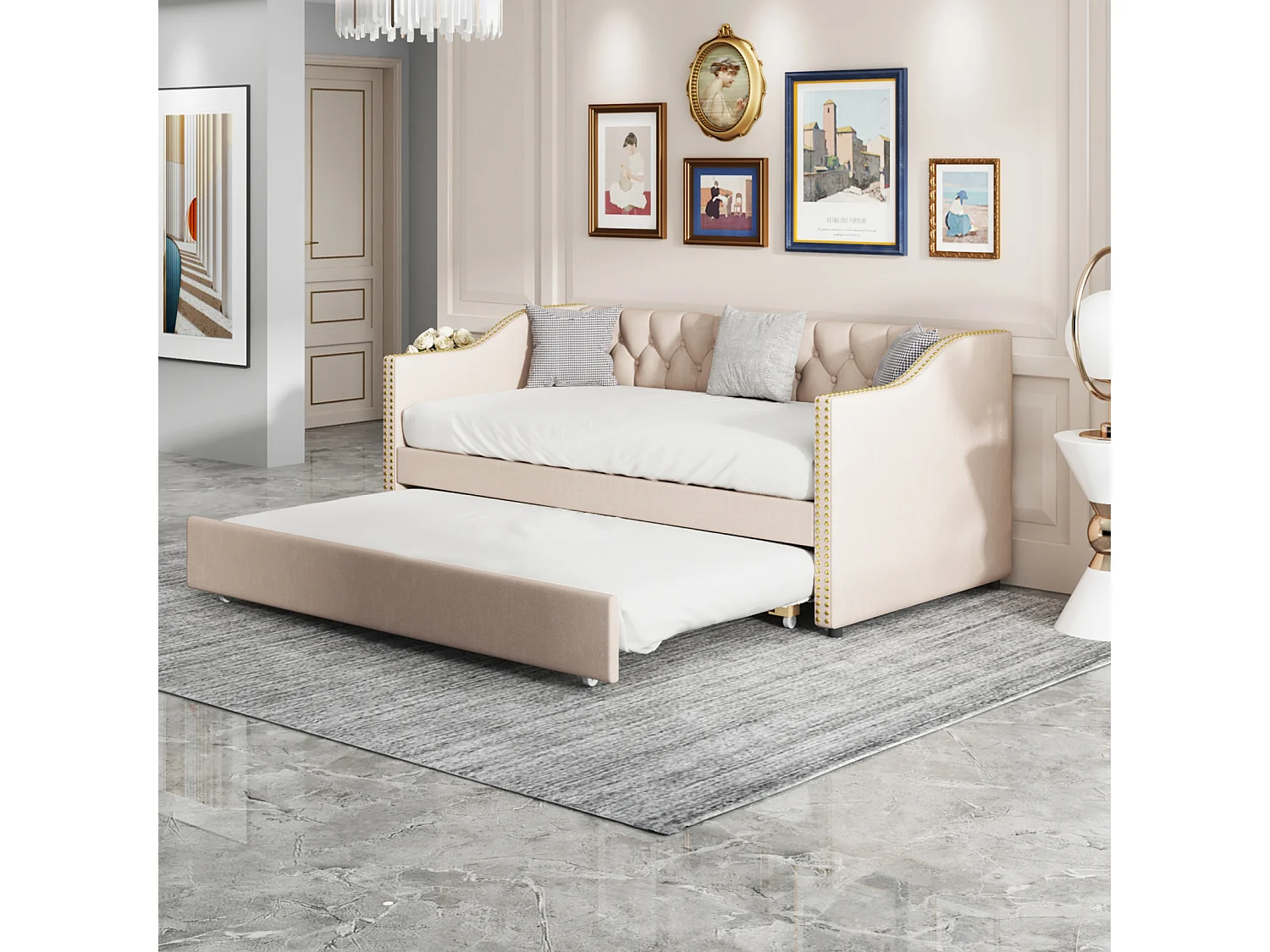 Elegante Linnen Gestoffeerde Bedladebed - 90x200 cm - Beige - Stevig Frame - Modern Ontwerp
