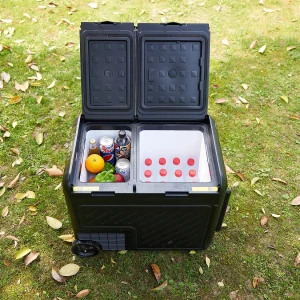 Elektrische autokoelbox met twee zones, 45 liter, 12 V, 240 V, draagbaar, met wielen, zwart Elektrische autokoelbox met twee zones, 45 liter, 12 V, 240 V, draagbaar, met wielen, zwart