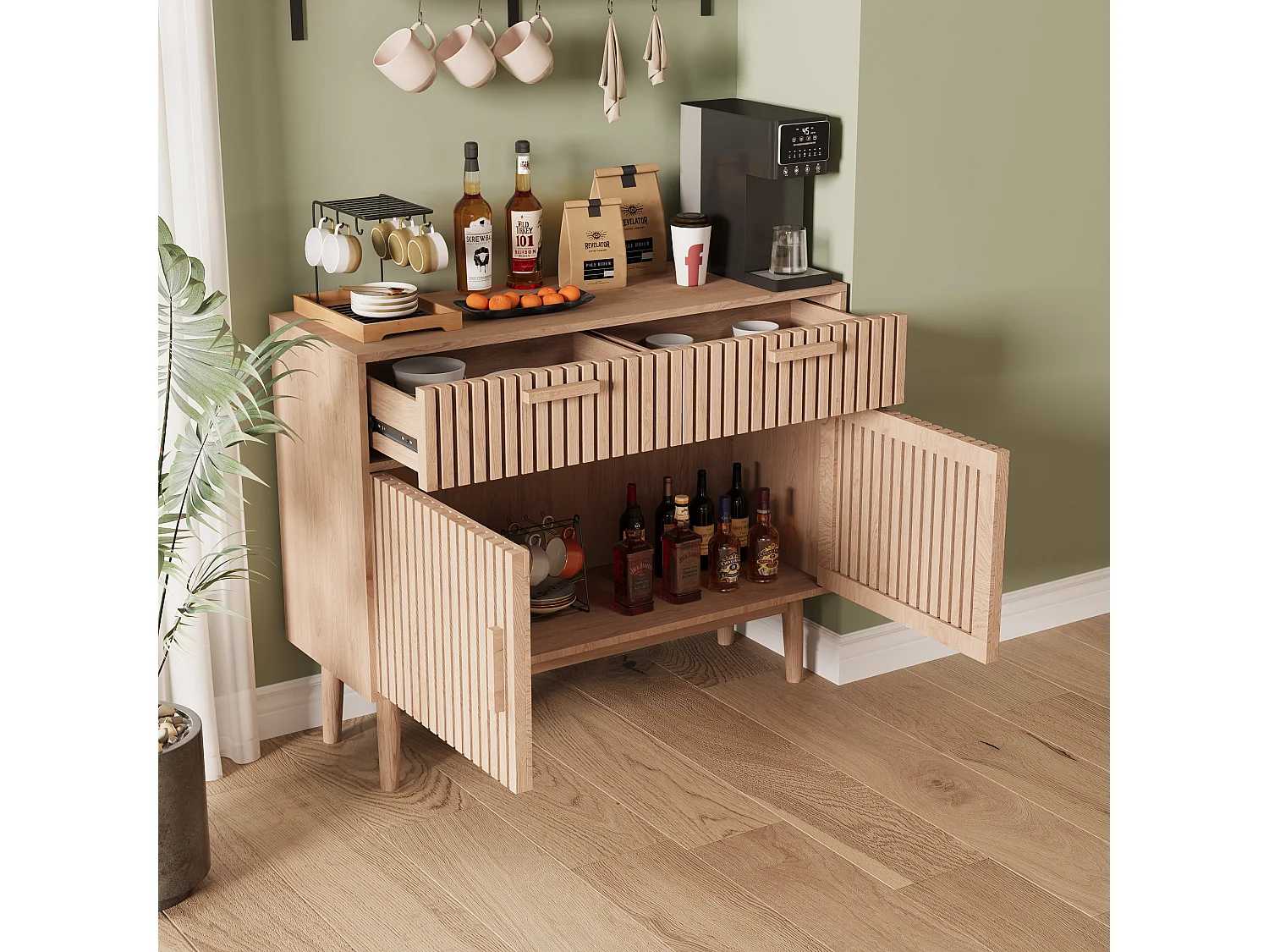 Dressoir van 100 cm, opbergmeubel met 2 lades en 2 deuren, keukenkast, voor woonkamer, hout
