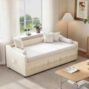Fluwelen slaapbank met zijvakken, moderne 2-zitsbank, crème, 90/180 x 200 cm Fluwelen slaapbank met zijvakken, moderne 2-zitsbank, crème, 90/180 x 200 cm