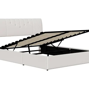 Fluwelen opbergbed 140 x 190 cm met USB-aansluiting, hydraulisch opbergvak en stekkerdoos, wit