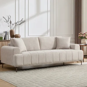 Driezitsbank in gespikkelde beige stof – doorgestikt effect – DUGLASA
