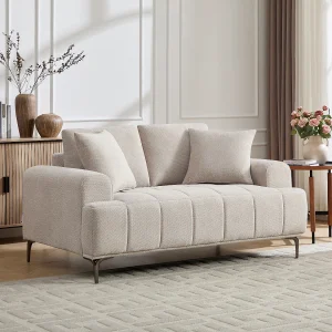 Tweezitsbank in gespikkelde beige stof – doorgestikte look – DUGLASA Tweezitsbank in gespikkelde beige stof – doorgestikte look – DUGLASA