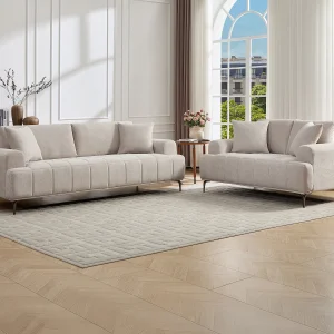 3-zits en Tweezitsbank in beige gemêleerde stof – doorgestikt effect – DUGLASA