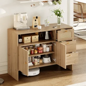 Dressoir voor de woonkamer – 105 x 40 x 76 cm – met 2 deuren + 3 lades + gouden rotan handgrepen – spaanplaat – naturel