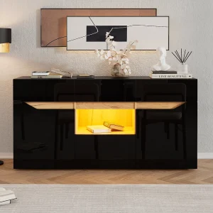 Dressoir met hoogglanslak – 140 x 40 x 70 cm – met 4 lades + plank + lades + LED-verlichting – spaanplaat – zwart Dressoir met hoogglanslak – 140 x 40 x 70 cm – met 4 lades + plank + lades + LED-verlichting – spaanplaat – zwart