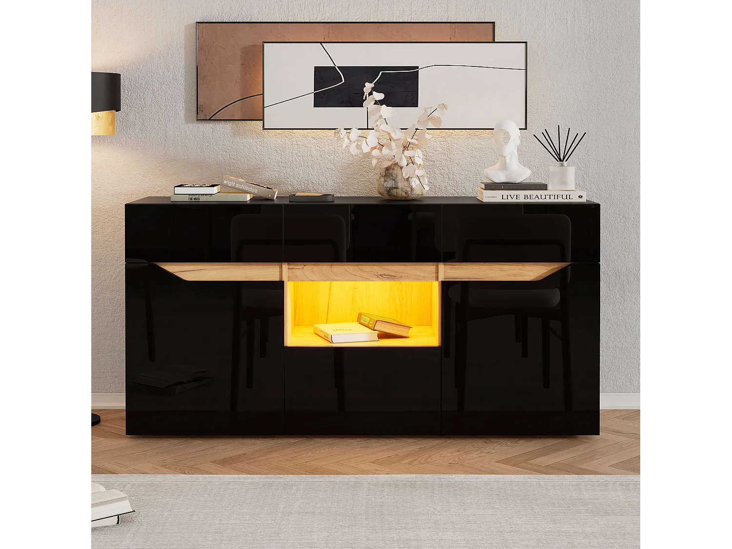 Dressoir met hoogglanslak - 140 x 40 x 70 cm - met 4 lades + plank + lades + LED-verlichting - spaanplaat - zwart