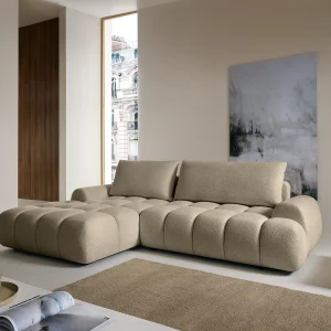 Converteerbare schuifbare hoekbank links in taupe chenillestof FARNETA Converteerbare schuifbare hoekbank links in taupe chenillestof FARNETA