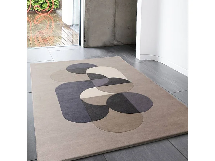 Geometrisch tapijt, handgemaakt 100% wol - 120x170cm - grijs, blauw, zwart, beige, crème - Matrix Statement