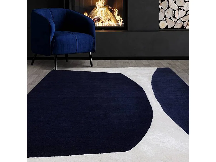 Geometrisch tapijt van wol en viscose - 160x230cm - marineblauw, crème - Matrix Signature