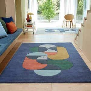 Geometrisch tapijt, handgemaakt 100% wol – 200x290cm – blauw, groen, crème, oranje, goud – Matrix Statement Geometrisch tapijt, handgemaakt 100% wol – 200x290cm – blauw, groen, crème, oranje, goud – Matrix Statement