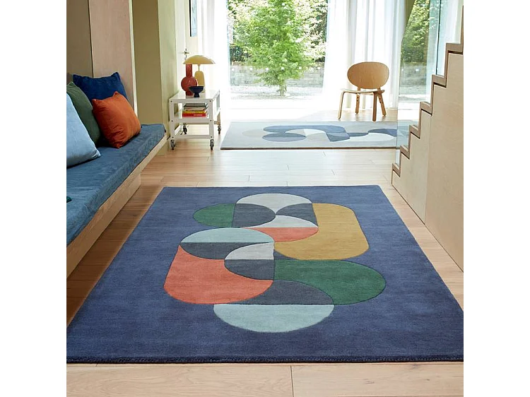 Geometrisch tapijt, handgemaakt 100% wol - 160x230cm - blauw, groen, crème, oranje, goud - Matrix Statement