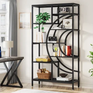Geometrische boekenkast, industriële planken met 8 niveaus, rustieke boekenkast met metalen frame (zwart, 1) Geometrische boekenkast, industriële planken met 8 niveaus, rustieke boekenkast met metalen frame (zwart, 1)