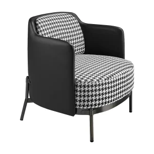 Fauteuil van zwart en wit stof en zwart kunstleer Fauteuil van zwart en wit stof en zwart kunstleer