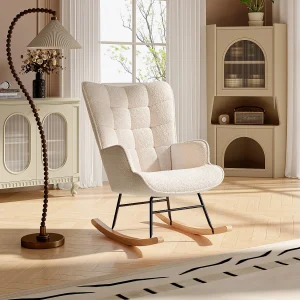 Ergonomische schommelstoel in beige Teddy fluweel met armleuningen, hoge rugleuning en hout-metaal frame, moderne relaxfauteuil Ergonomische schommelstoel in beige Teddy fluweel met armleuningen, hoge rugleuning en hout-metaal frame, moderne relaxfauteuil