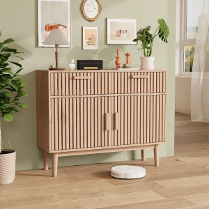 Eigentijdse buffetkast van natuurlijk hout met 2 lades, 2 deuren en robuust metalen frame – Multifunctionele dressoir voor eetkamer Eigentijdse buffetkast van natuurlijk hout met 2 lades, 2 deuren en robuust metalen frame – Multifunctionele dressoir voor eetkamer