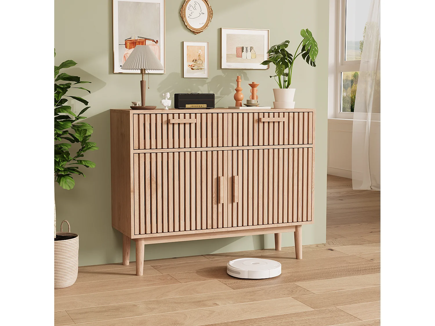 Eigentijdse buffetkast van natuurlijk hout met 2 lades, 2 deuren en robuust metalen frame - Multifunctionele dressoir voor eetkamer