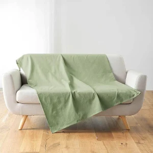 Effen plaid van katoen-polyester "Lucile" 180×220 cm saliegroen, licht en zacht, met zoom, Indiase productie