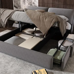 Fluwelen opbergbed – 160x200cm – met 3 lades – Grijs (zonder matras)