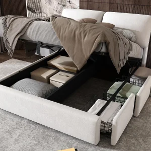 Opbergbed van fluweel – 140x200cm – met 3 laden – Beige (zonder matras) Opbergbed van fluweel – 140x200cm – met 3 laden – Beige (zonder matras)