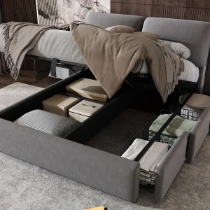 Fluwelen opbergbed – 140x200cm – met 3 lades – Grijs (zonder matras)