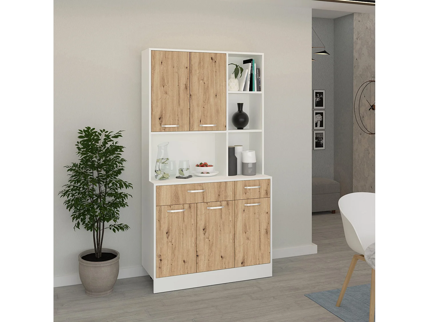 Dressoir Hugo, Artisan eiken/Wit, 100 x 44 x 188 cm