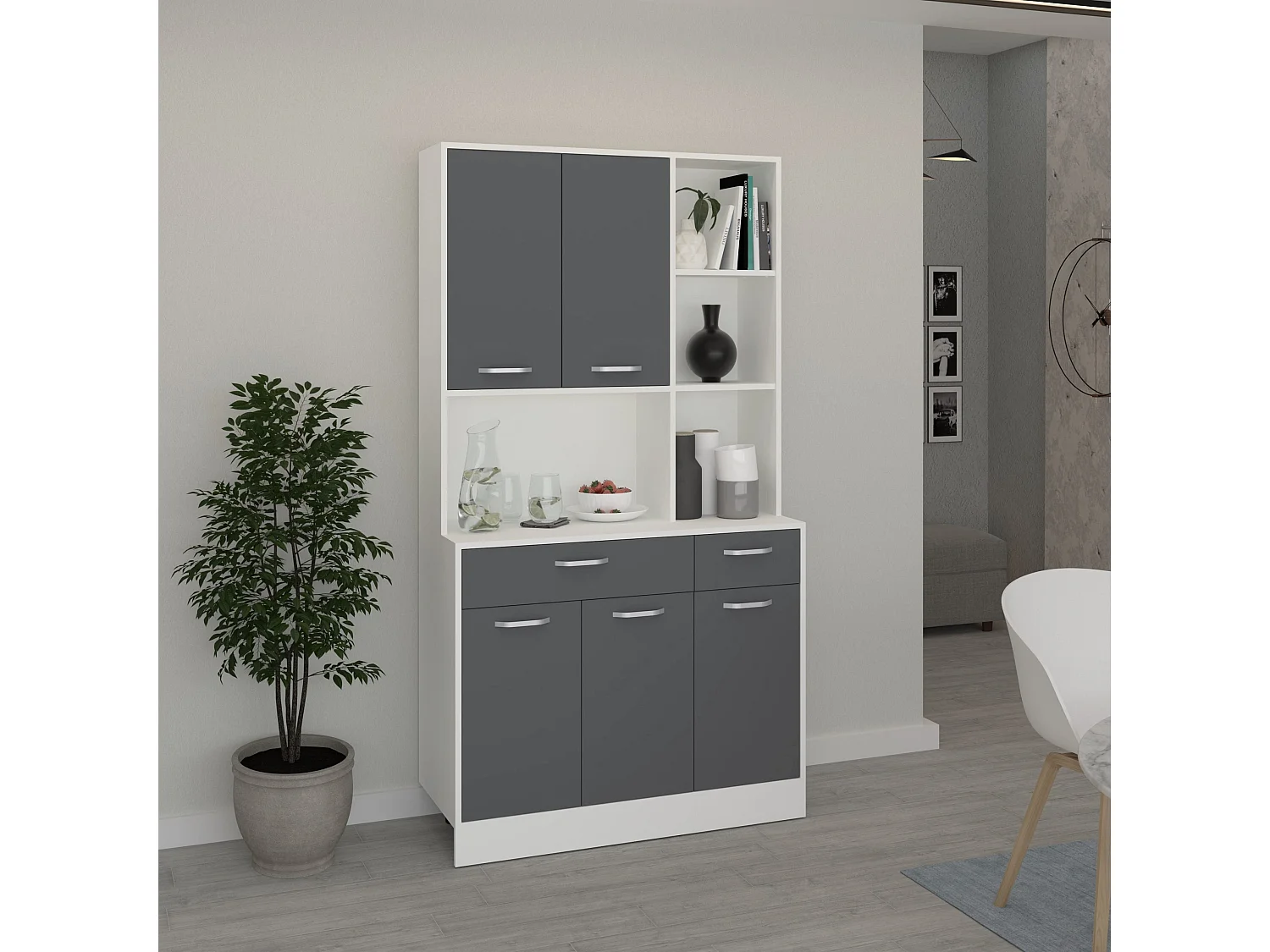 Dressoir Hugo, Antraciet/Wit, 100 x 44 x 188 cm