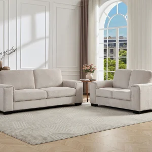 Driezits- en tweezitsbank in beige getextureerde stof EMBAPO