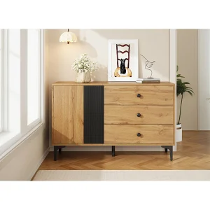 Dressoir met 3 lades en 2 deuren – Metalen poten – Licht naturel en zwart Dressoir met 3 lades en 2 deuren – Metalen poten – Licht naturel en zwart