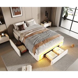 Eenpersoonsbed 90x200cm met 2 lades en ledverlichting – Witte PU-bekleding zonder hoofdbord – Metalen lattenbodem Eenpersoonsbed 90x200cm met 2 lades en ledverlichting – Witte PU-bekleding zonder hoofdbord – Metalen lattenbodem
