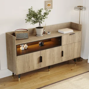 Dressoir met ledverlichting, lade en 3 deuren – Houtkleur 160x35x85cm
