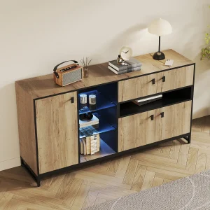 Dressoir met ledverlichting, 2 lades en 3 deuren – Open glazen planken – Hout en zwarte afwerking