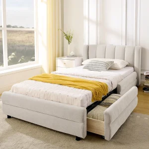 Eenpersoonsbed 90×200 cm met USB-aansluiting en 2 lades – Beige chenille stof (matras niet inbegrepen) Eenpersoonsbed 90×200 cm met USB-aansluiting en 2 lades – Beige chenille stof (matras niet inbegrepen)